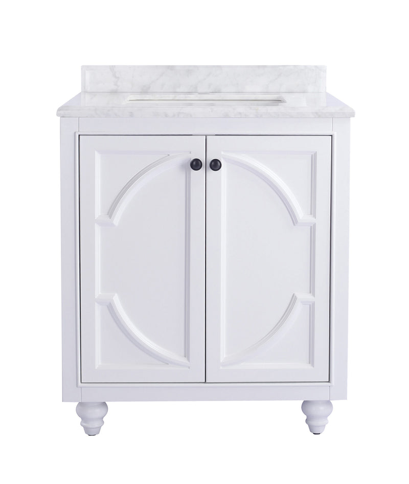 Laviva 313613-30W-WC Odyssey 30" White vanity with White Carrara marble top, front view on a white background