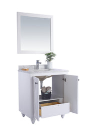 Laviva 313613-30W-WC Odyssey 30" White vanity with White Carrara marble top, front view on white with doors and drawer open,