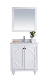 Laviva 313613-30W-WC Odyssey 30" White vanity with White Carrara marble top, front view on white, styled with a mirror