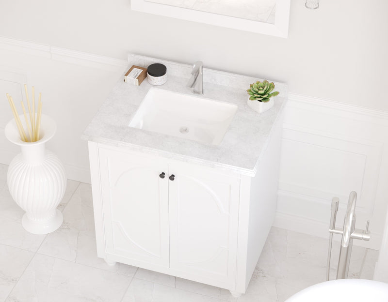 Laviva 313613-30W-WC Odyssey 30" White vanity with White Carrara marble top, installed in a bathroom