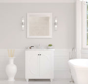 Laviva 313613-30W-WC Odyssey 30" White vanity with White Carrara marble top, front view in a bathroom under a mirror