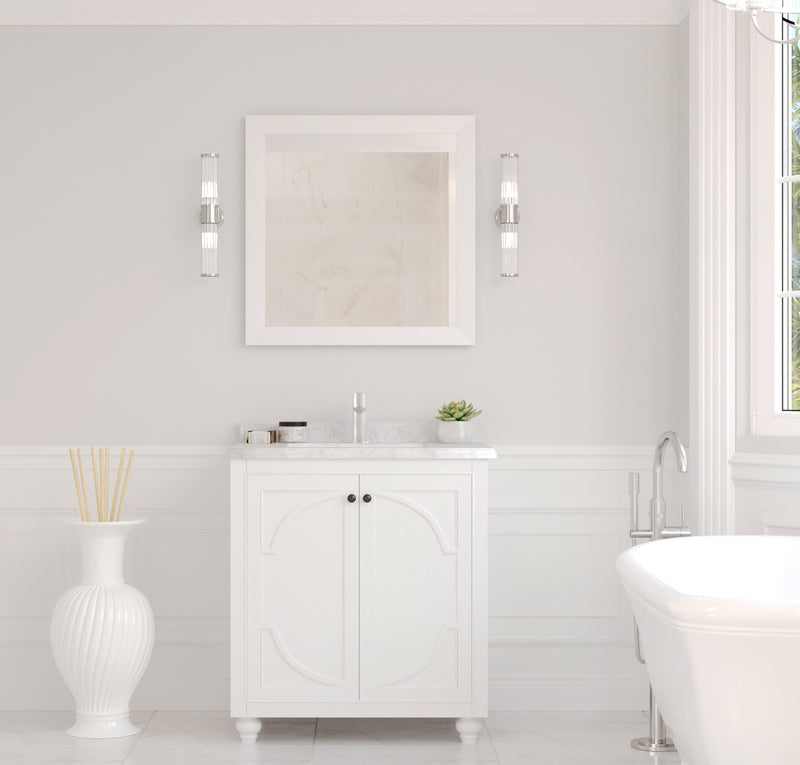 Laviva 313613-30W-WC Odyssey 30" White vanity with White Carrara marble top, front view in a bathroom under a mirror