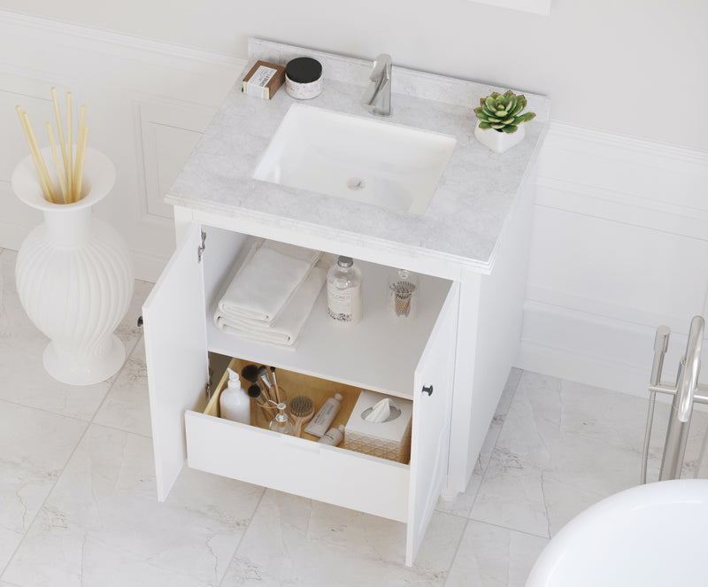 Laviva 313613-30W-WC Odyssey 30" White vanity with White Carrara marble top, installed in a bathroom with doors and drawer