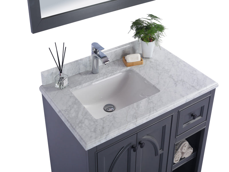 Laviva 313613-36-WC Odyssey 36" White marble countertop, installed on a grey Odyssey cabinet, styled with a mirror