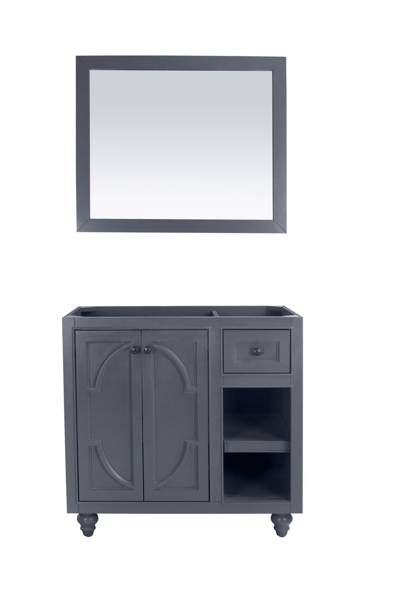 Laviva 313613-36G Odyssey 36" Maple Grey vanity cabinet, front view on white, styled with a mirror