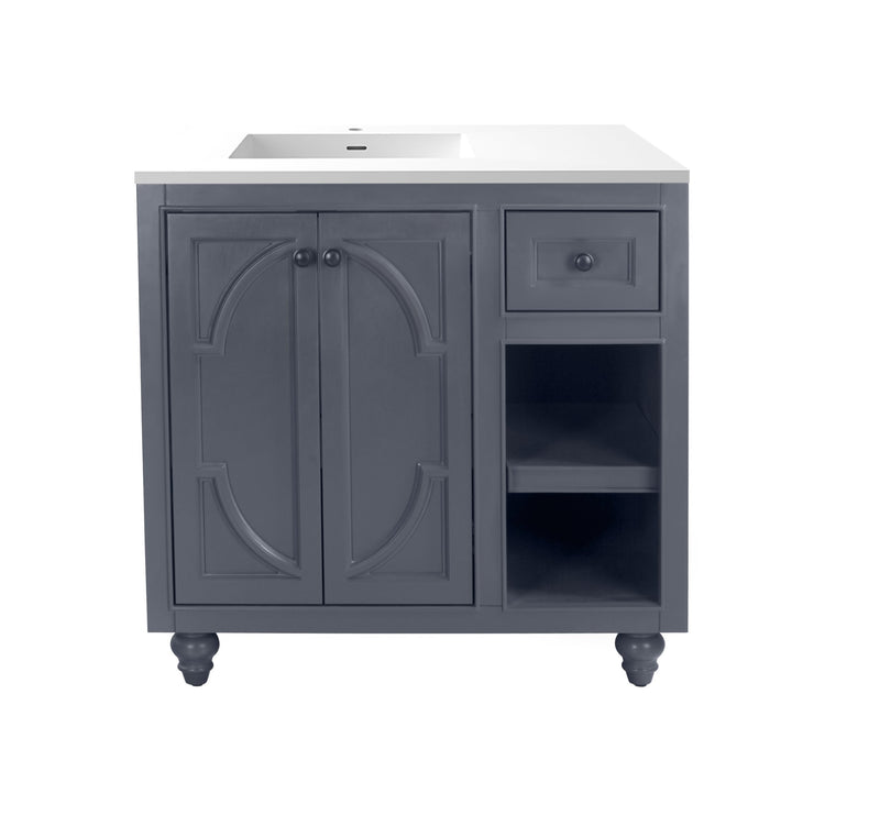 Laviva 313613-36G-MW Odyssey 36" Maple Grey vanity with Matte White solid surface top, front view on a white background
