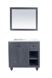 Laviva 313613-36G-MW Odyssey 36" Maple Grey vanity with Matte White solid surface top, front view on white, styled with a