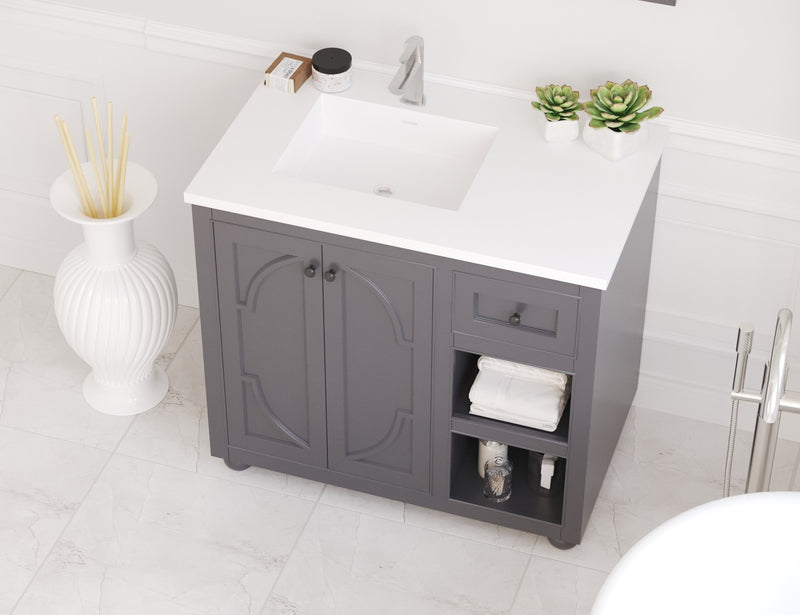 Laviva 313613-36G-MW Odyssey 36" Maple Grey vanity with Matte White solid surface top, installed in a bathroom
