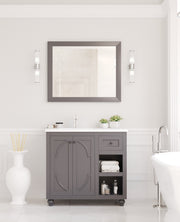 Laviva 313613-36G-MW Odyssey 36" Maple Grey vanity with Matte White solid surface top, front view in a bathroom under a