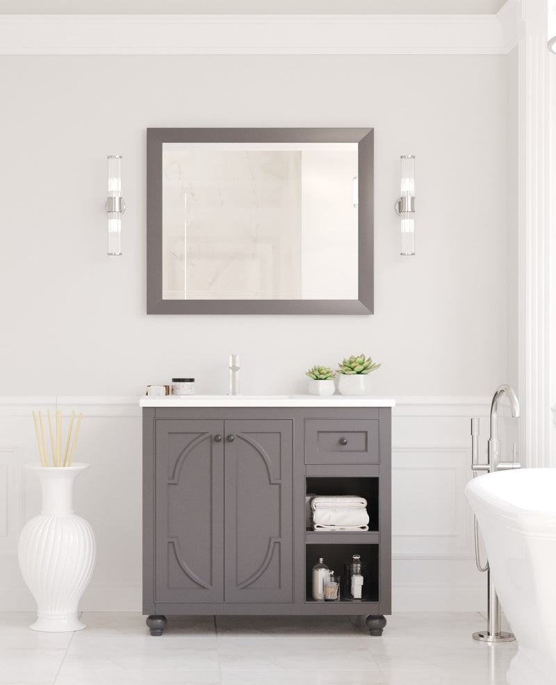 Laviva 313613-36G-MW Odyssey 36" Maple Grey vanity with Matte White solid surface top, front view in a bathroom under a