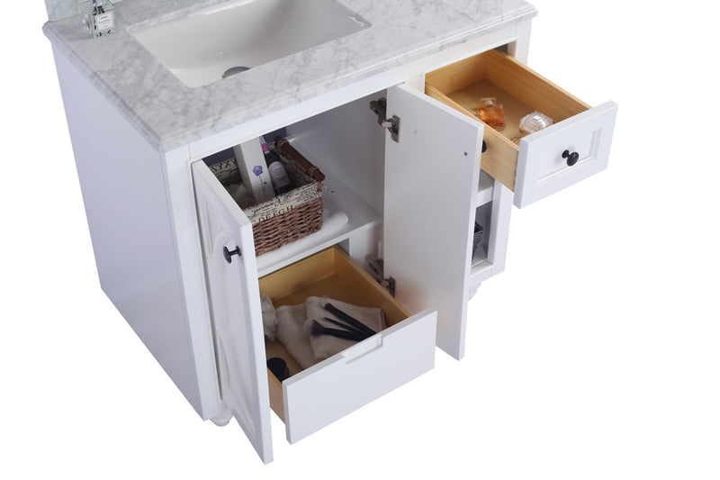 Laviva 313613-36W-MW Odyssey 36" White vanity with Matte White solid surface top, angled view with the drawer open