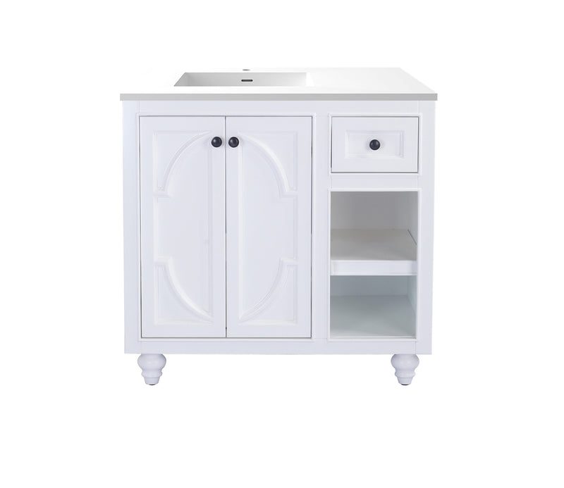 Laviva 313613-36W-MW Odyssey 36" White vanity with Matte White solid surface top, front view on a white background