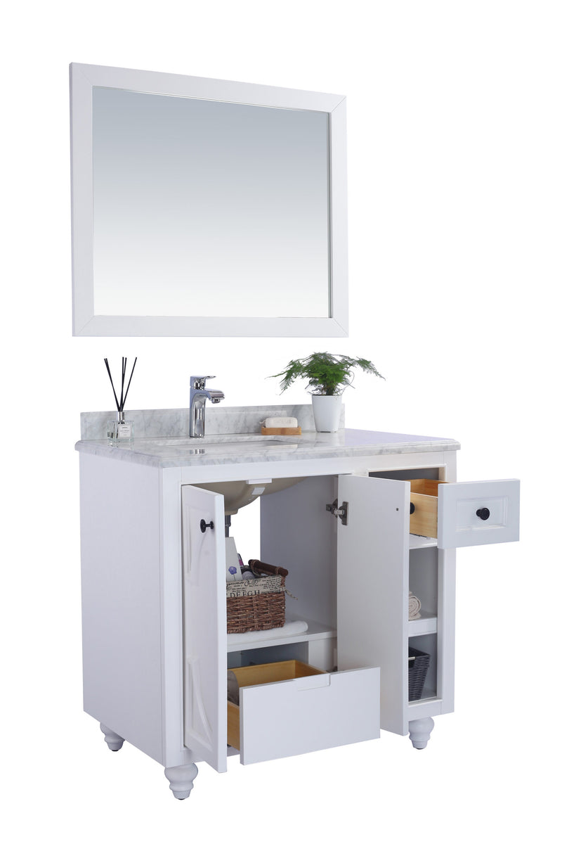 Laviva 313613-36W-MW Odyssey 36" White vanity with Matte White solid surface top, front view on white with doors and drawer