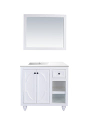 Laviva 313613-36W-MW Odyssey 36" White vanity with Matte White solid surface top, front view on white, styled with a mirror