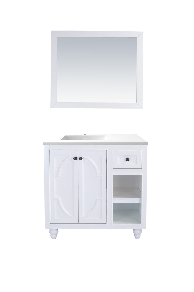 Laviva 313613-36W-MW Odyssey 36" White vanity with Matte White solid surface top, front view on white, styled with a mirror