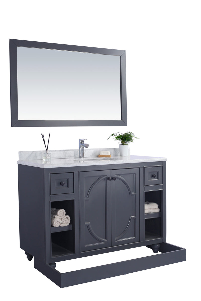 Laviva 313613-48G-WC Odyssey 48" Maple Grey vanity with White Carrara marble top, front view on white with the bottom drawer