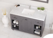 Laviva 313613-48G-WC Odyssey 48" Maple Grey vanity with White Carrara marble top, installed in a bathroom