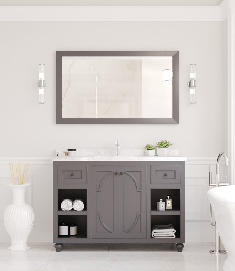 Laviva 313613-48G-WC Odyssey 48" Maple Grey vanity with White Carrara marble top, front view in a bathroom under a mirror