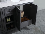 Laviva 313613-60G-BW Odyssey 60" Maple Grey double vanity with Black Wood marble top, angled view with doors open showing