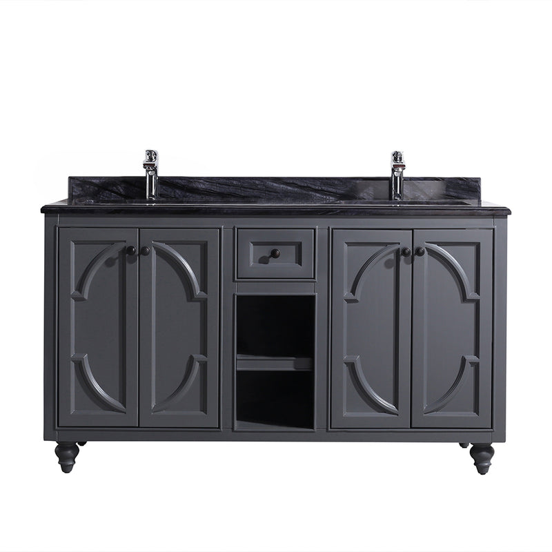 Laviva 313613-60G-BW Odyssey 60" Maple Grey double vanity with Black Wood marble top, front view on a white background