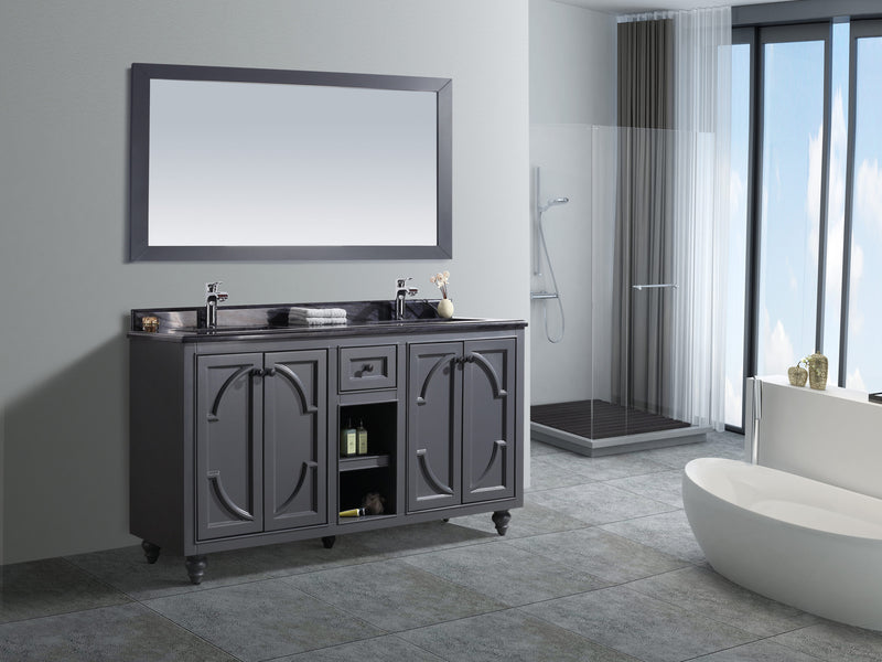 Laviva 313613-60G-BW Odyssey 60" Maple Grey double vanity with Black Wood marble top, installed in a bathroom