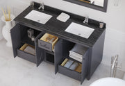 Laviva 313613-60G-BW Odyssey 60" Maple Grey double vanity with Black Wood marble top, installed in a bathroom with doors and