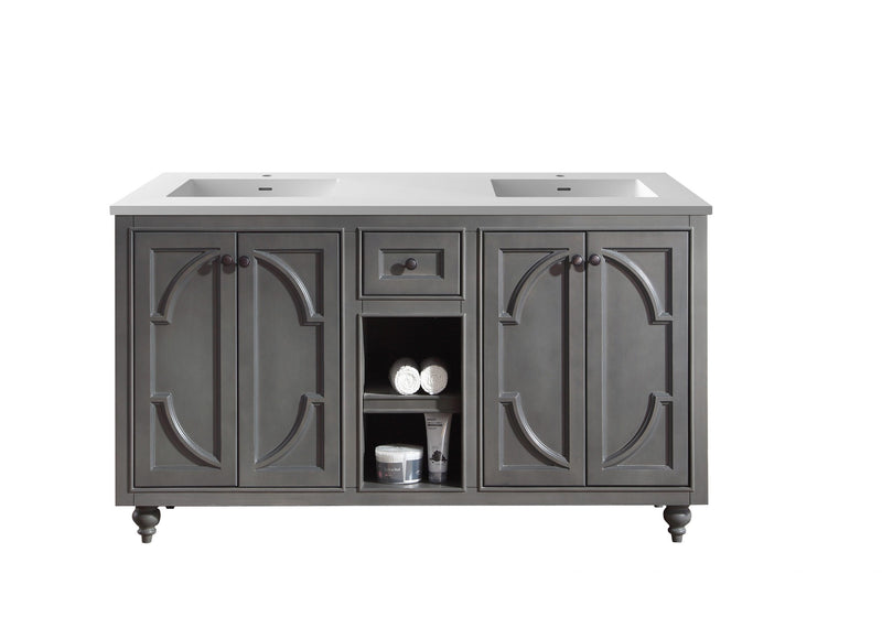 Laviva 313613-60G-MW Odyssey 60" Maple Grey double vanity with Matte White solid surface top, front view on a white