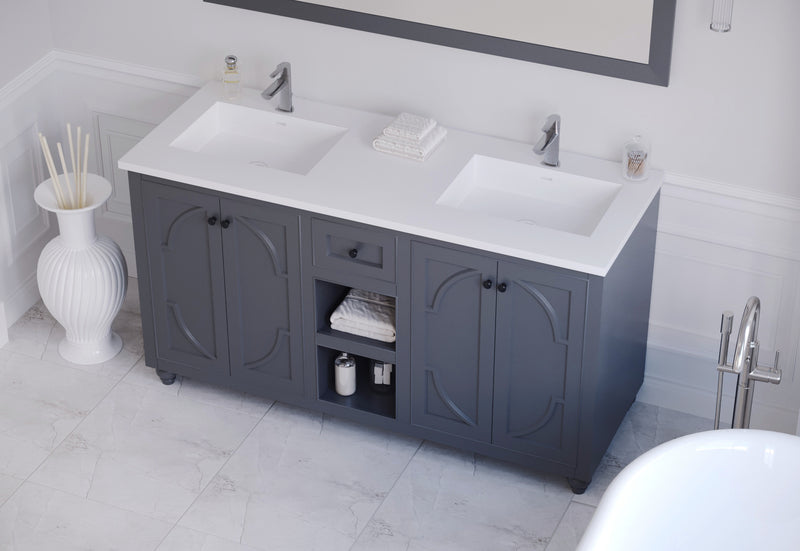 Laviva 313613-60G-MW Odyssey 60" Maple Grey double vanity with Matte White solid surface top, installed in a bathroom
