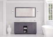 Laviva 313613-60G-MW Odyssey 60" Maple Grey double vanity with Matte White solid surface top, front view in a bathroom under