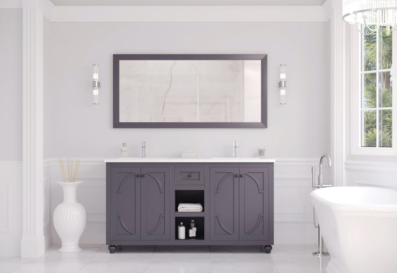 Laviva 313613-60G-MW Odyssey 60" Maple Grey double vanity with Matte White solid surface top, front view in a bathroom under