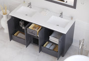 Laviva 313613-60G-MW Odyssey 60" Maple Grey double vanity with Matte White solid surface top, installed in a bathroom with