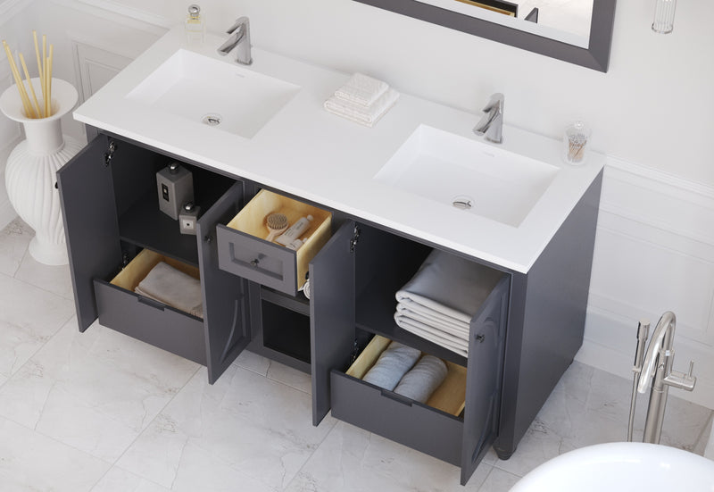 Laviva 313613-60G-MW Odyssey 60" Maple Grey double vanity with Matte White solid surface top, installed in a bathroom with