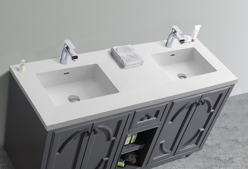 Laviva 313613-60G-MW Odyssey 60" Maple Grey double vanity with Matte White solid surface top, countertop and sink close-up