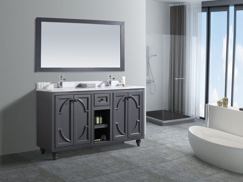 Laviva 313613-60G-WC Odyssey 60" Maple Grey double vanity with White Carrara marble top, installed in a bathroom
