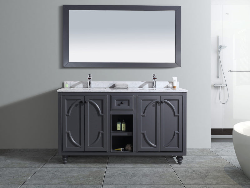 Laviva 313613-60G-WC Odyssey 60" Maple Grey double vanity with White Carrara marble top, front view in a bathroom under a