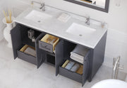 Laviva 313613-60G-WC Odyssey 60" Maple Grey double vanity with White Carrara marble top, installed in a bathroom with doors