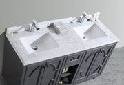 Laviva 313613-60G-WC Odyssey 60" Maple Grey double vanity with White Carrara marble top, countertop and sink close-up