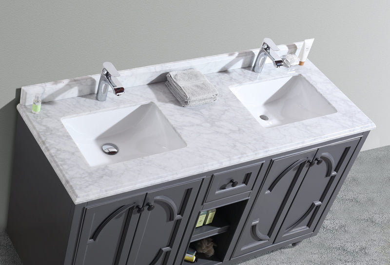 Laviva 313613-60G-WC Odyssey 60" Maple Grey double vanity with White Carrara marble top, countertop and sink close-up