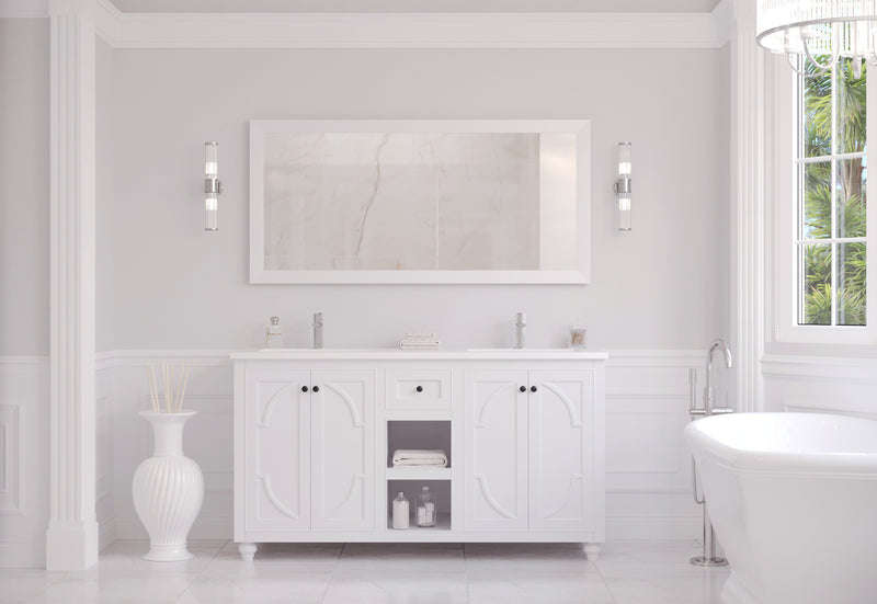 Laviva 313613-60W-MW Odyssey 60" White double vanity with Matte White solid surface top, front view in a bathroom under a