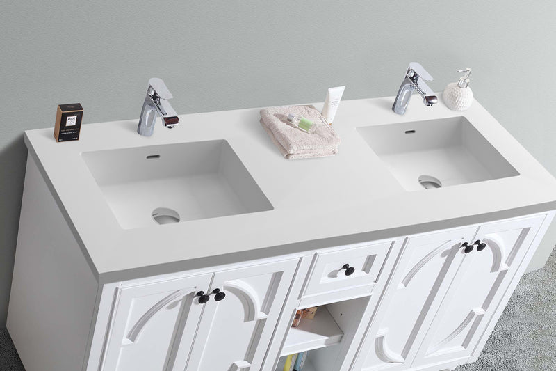 Laviva 313613-60W-MW Odyssey 60" White double vanity with Matte White solid surface top, countertop and sink close-up