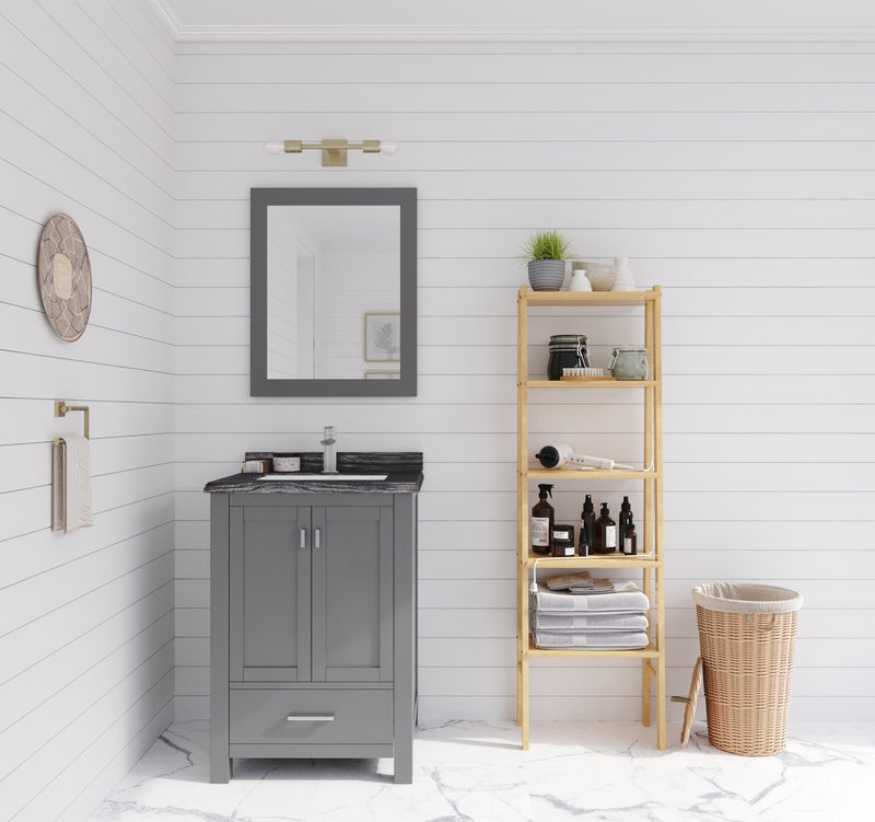 Laviva 313ANG-24G-BW Wilson 24" Grey vanity with Black Wood marble top, wide room view in a bathroom