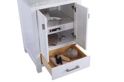 Laviva 313ANG-24W-BW Wilson 24" White vanity with Black Wood marble top, angled view with doors open showing the shelf