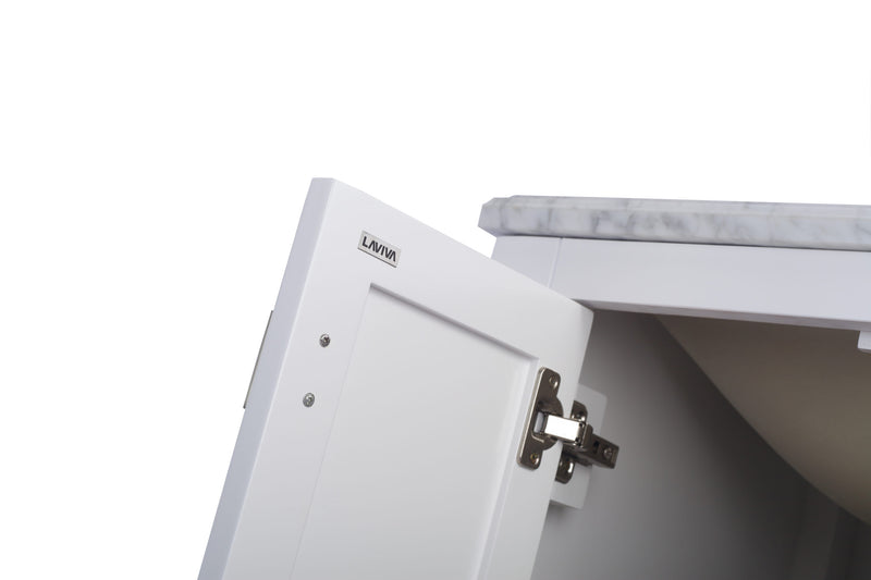 Laviva 313ANG-24W-BW Wilson 24" White vanity with Black Wood marble top, cabinet corner and leg close-up