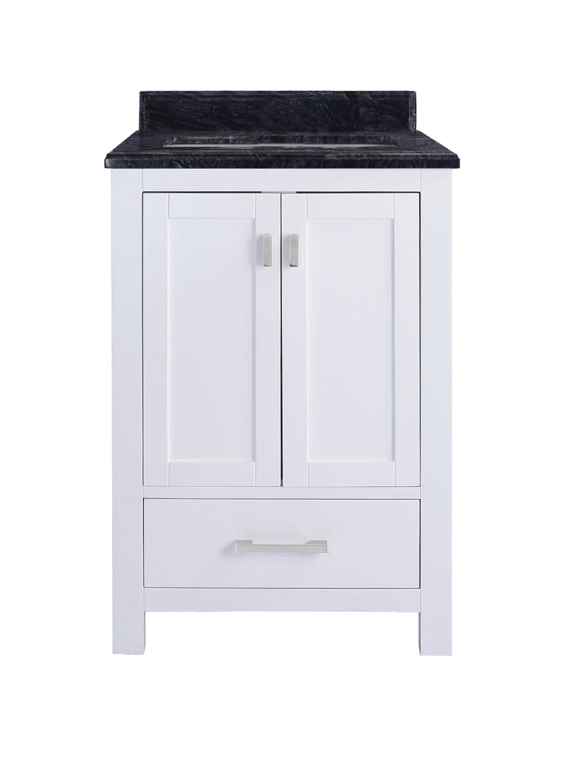 Laviva 313ANG-24W-BW Wilson 24" White vanity with Black Wood marble top, front view on a white background