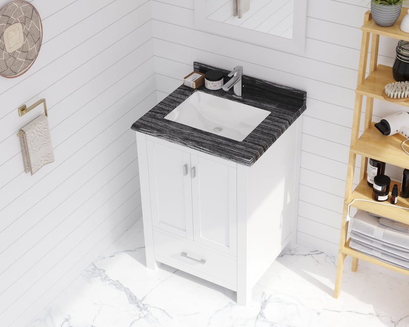Laviva 313ANG-24W-BW Wilson 24" White vanity with Black Wood marble top, installed in a bathroom