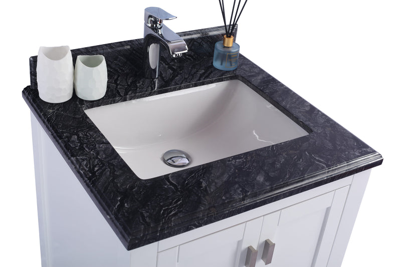 Laviva 313ANG-24W-BW Wilson 24" White vanity with Black Wood marble top, countertop and sink close-up