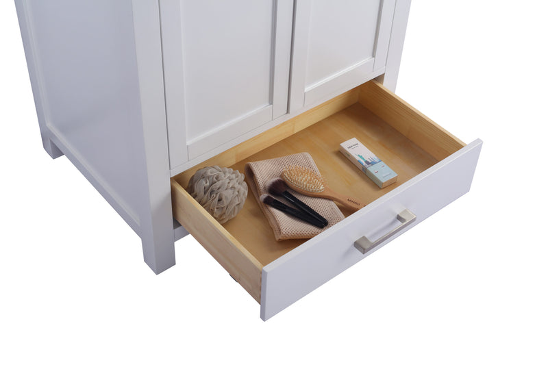 Laviva 313ANG-30W Wilson 30" White vanity cabinet, angled view with the drawer open