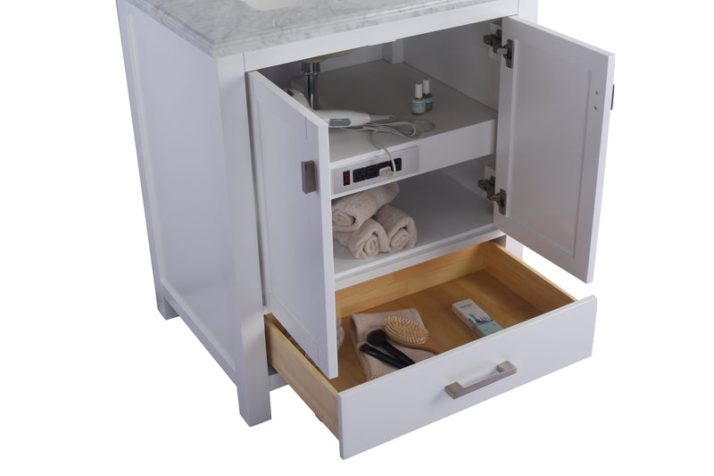Laviva 313ANG-30W Wilson 30" White vanity cabinet, doors open on a white background