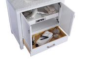 Laviva 313ANG-36W-WQ Wilson 36" White vanity with White Quartz top, angled view with doors open showing the shelf