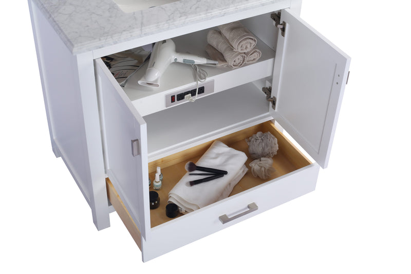Laviva 313ANG-36W-WQ Wilson 36" White vanity with White Quartz top, angled view with doors open showing the shelf